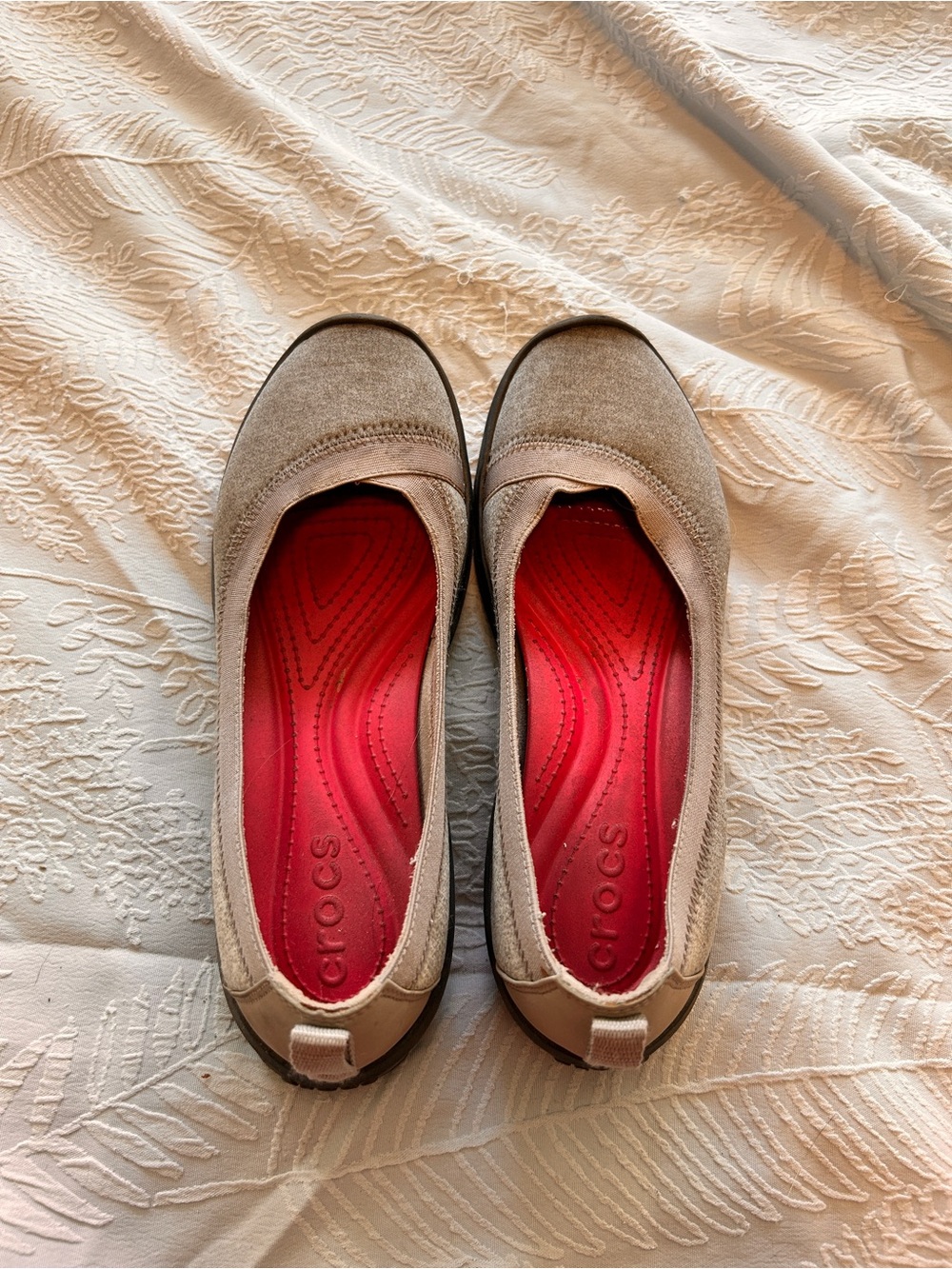 CROCS Grey Slip-On Flats with pink Insole